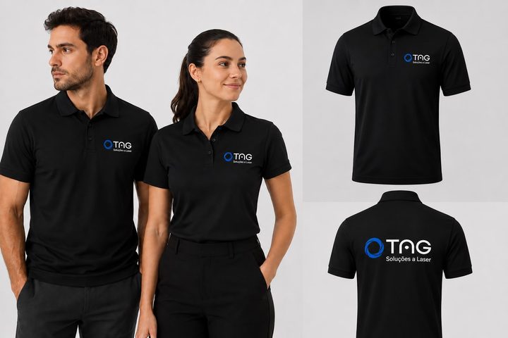 Camisas polo pretas com o logo da TAG Soluções a Laser aplicado no peito e nas costas, vestidas por dois profissionais.